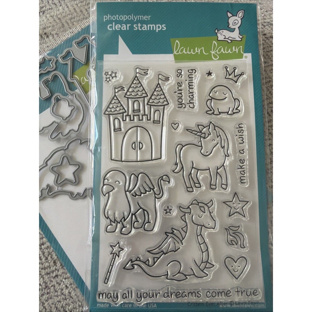 Lawn Fawn Stamp and die set Critters ever after unicorn castle fantasy frog
